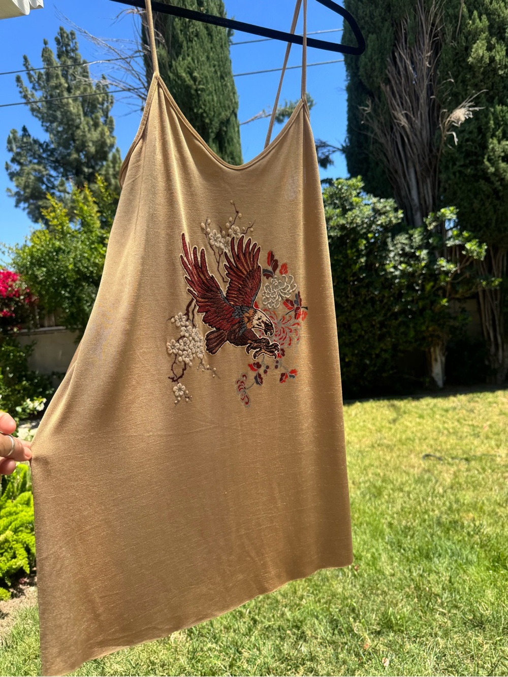 Zara tan slip dress with red eagle embroidery
